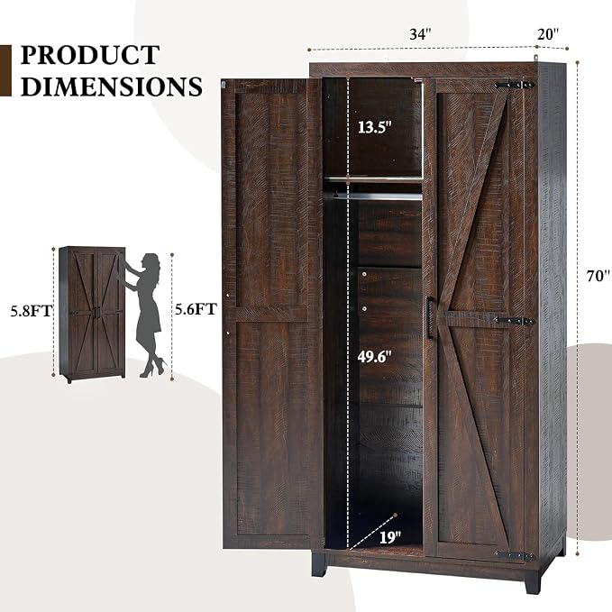 LUXOAK 70" Large Armoire Wardrobe Closet Set of 2 with Hanging Rod, Farmhouse Clothing Storage Cabinet with 4 Barn Doors, Wooden Tall Bedroom Armoires with Shelf, Espresso