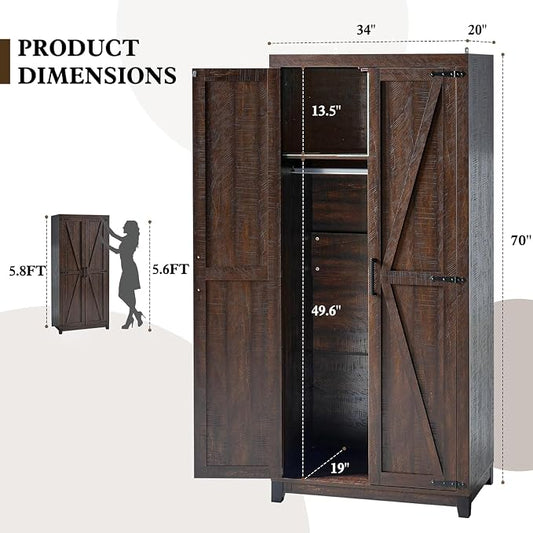 LUXOAK 70" Large Armoire Wardrobe Closet Set of 2 with Hanging Rod, Farmhouse Clothing Storage Cabinet with 4 Barn Doors, Wooden Tall Bedroom Armoires with Shelf, Espresso