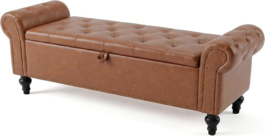 55" Storage Bench for Bedroom, Upholstered Ottoman Bench, Leather Brown | End of Bed Bench for Bedroom, Window Benches for Living Room, Entryway, Ottoman with Large Storage Space, Pet Friendly