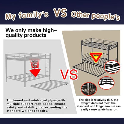 Metal Bunk Bed with Trundle, Space-Saving Bunk Bed Full Over Full with Ladders and Safety Guardrail, Heavy Duty Full Bed Frames, No Box Spring Needed and Noise Free(White)