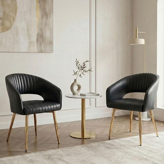 Hyfirm Dining Chairs Set of 2, Black Side Chairs with Hollow Back, PU Leather Upholstered Accent Chairs with Gold Metal Legs, Modern Kitchen Chairs for Living Room Restaurant