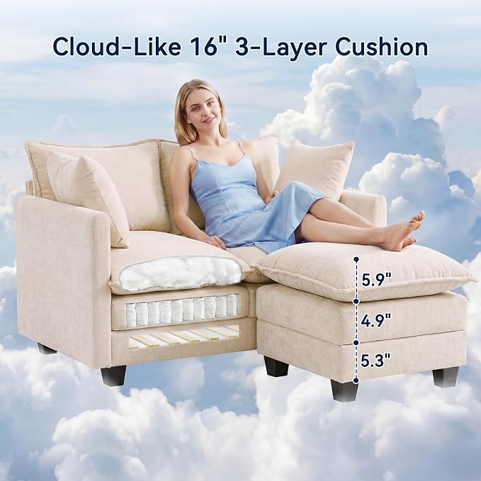 L-Shape Loveseat Sofa Couch with Ottoman, Small 50" Love Seat 27" Deep Cloud Sofa Washable Chenille Pillow for Apartment Bedroom Dorm Attic Studio Office Living Room Small Space 8833-BEIGE-L-1