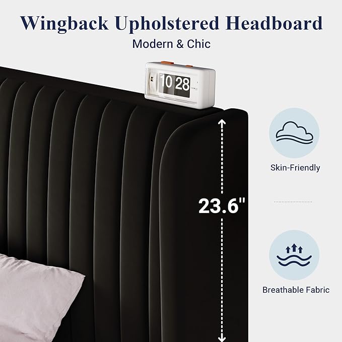Allewie Full Size Velvet Bed Frame/Vertical Channel Tufted Wingback Headboard/Upholstered Platform Bed/Strong Wooden Slats/No Box Spring Needed/Easy Assembly/Black