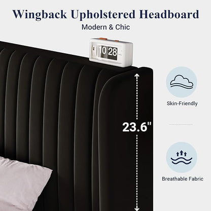 Allewie Full Size Velvet Bed Frame/Vertical Channel Tufted Wingback Headboard/Upholstered Platform Bed/Strong Wooden Slats/No Box Spring Needed/Easy Assembly/Black