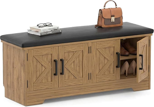 Farmhouse Shoe Storage Bench with Cushion - 43.3" Entryway Bench with Storage & 4 Barn Doors, 2-Tier Wooden Shoe Rack Bench, Shoe Cabinet & Mudroom Bench for Bedroom Hallway Living Room, Brown Oak