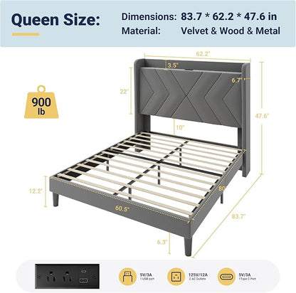 Allewie Queen Size Platform Bed Frame with Charging Station and Storage Shelf/Upholstered Velvet Wingback Headboard/Wooden Slats Support/No Box Spring Needed/Easy Assembly, Grey