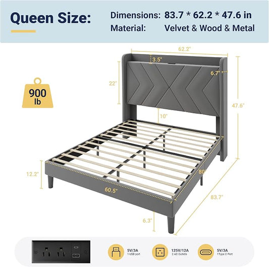 Allewie Queen Size Platform Bed Frame with Charging Station and Storage Shelf/Upholstered Velvet Wingback Headboard/Wooden Slats Support/No Box Spring Needed/Easy Assembly, Grey