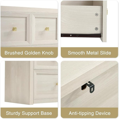 6 Drawers Dresser for Bedroom-46.5" Wide Wooden Chest of Drawers with Large Storage, Long Dresser TV Stand with Drawers, Farmhouse Closet Dressers for Living Room Bedroom, Grey White