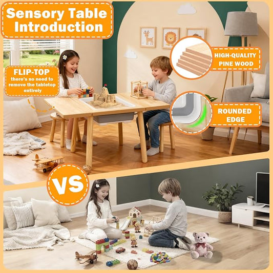 Wooden Activity Table with a Flip-Adjustable Desktop, Indoor/Outdoor Play Sand and Water, Multi-Functional Desk for Drawing Studying Dining