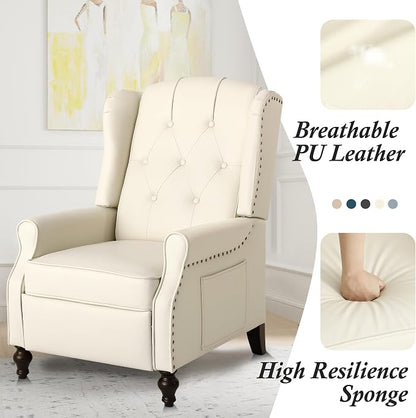 Wingback Recliner Chair with Massage and Heat, Tufted PU Leather Push Back Arm Chair for Living Room Vintage Recliner Chair with Remote Control, Padded Cushion, Backrest (Beige-pu)