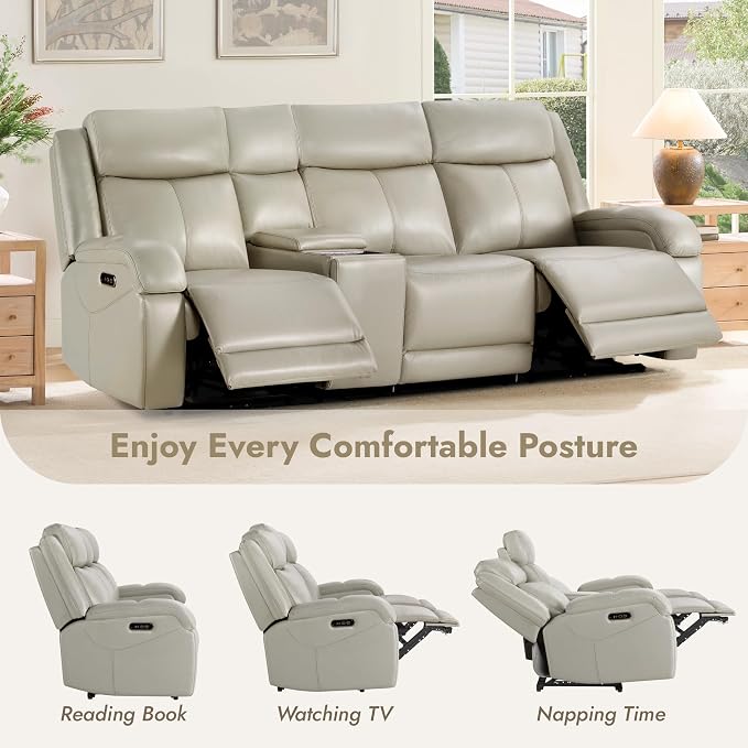 Watson & Whitely Genuine Leather Power Recliner Sofa, 3 Seater Wall Hugger Reclining Sofas with Storage Console, Power Headrest, USB, Electric Recliner Couch Set for Living Room, Grey