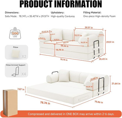 79" Corduroy Sofa Bed, Boneless Couch in a Box with 2 Pillows, High-Density Foam 4-in-1 Foldable Sleeper Futon Loveseat for Small Spaces, No Assembly, Side Pockets, Round Arm White