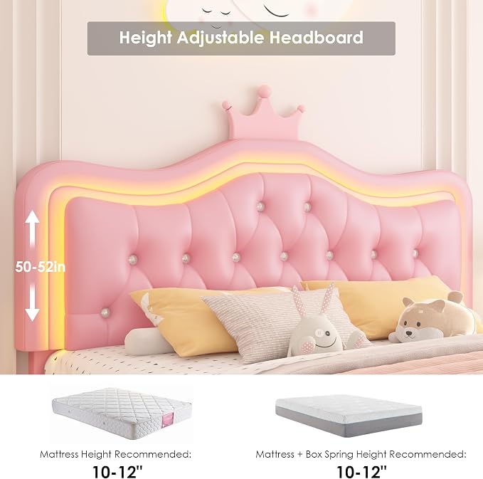 Keyluv Queen Upholstered LED Bed Frame with Storage Drawer, Leather Princess Platform Bed with Adjustable Crystal Button Tufted Crown Headboard, Solid Wooden Slats Support, No Box Spring Needed, Pink