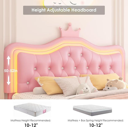 Keyluv Queen Upholstered LED Bed Frame with Storage Drawer, Leather Princess Platform Bed with Adjustable Crystal Button Tufted Crown Headboard, Solid Wooden Slats Support, No Box Spring Needed, Pink