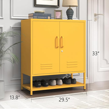Wide 3-Tier Metal Shoe Storage Cabinet, Multifunctional Household Shoe Organizer with Adjustable Shelves for Home & Entryway Yellow 33" H X 29.5" W X 13.8" D