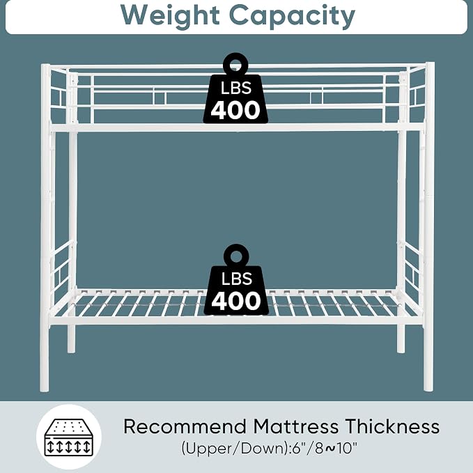 Metal Twin Over Twin Bunk Bed, Heavy-Duty Metal Bunk Bed, Noise Reduced Design/Safety Guardrail/2 Side Ladders/No Box Spring Needed (White)