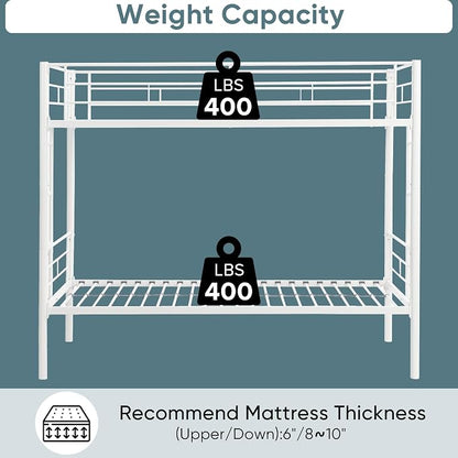Metal Twin Over Twin Bunk Bed, Heavy-Duty Metal Bunk Bed, Noise Reduced Design/Safety Guardrail/2 Side Ladders/No Box Spring Needed (White)