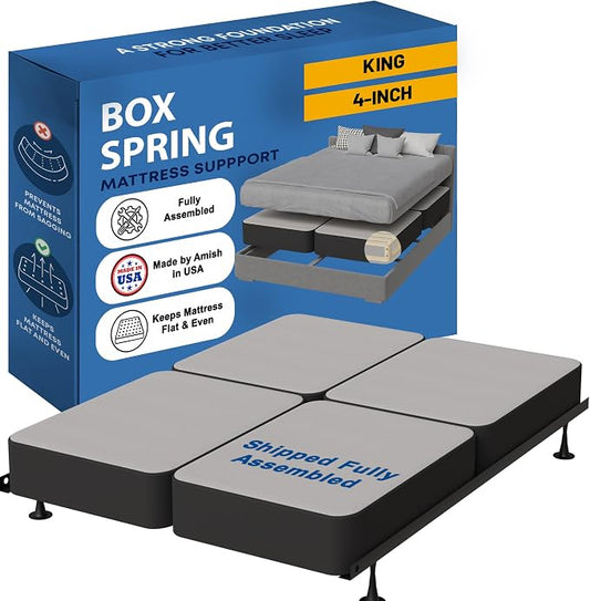 Greaton, Box Spring Bed Base King Size, 4-Inch Wood Mattress Foundation – Amish Made in USA – Quiet Noise Free, 4-Pieces Under Mattress-Support BoxSpring, Fully Assembled, Gray