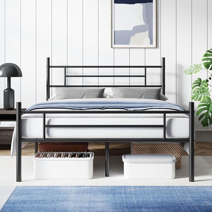 Avenco Metal Platform Bed Frame Queen Size with Classical Headboard and Footboard, 14 Inch, Under Bed Storage, Strong Metal Slats Support, Mattress Foundation, No Box Spring Needed