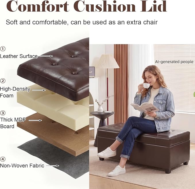 Asense 40" Storage Ottoman Bench, Faux Leather Tufted Upholstered End of Bed Bench with Safety Hinge for Bedroom,Entryway,Living Room,Dark Brown