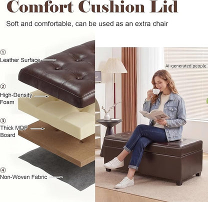 Asense 40" Storage Ottoman Bench, Faux Leather Tufted Upholstered End of Bed Bench with Safety Hinge for Bedroom,Entryway,Living Room,Dark Brown