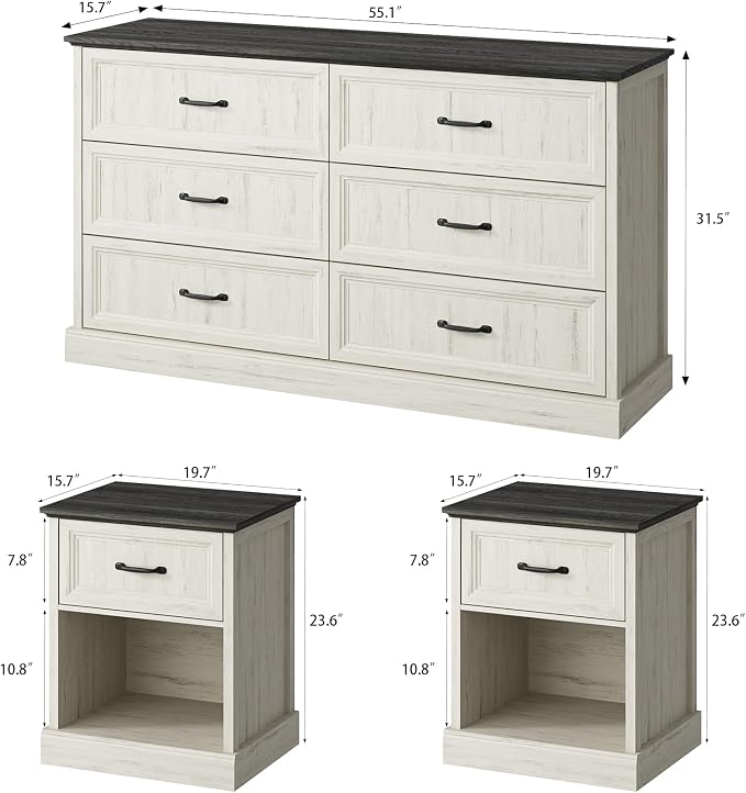 CARPETNAL Farmhouse Dresser and Nightstand Sets for Bedroom, 3 Pcs Bedroom Set, 6 Drawer Dresser & Nightstand Set of 2, Modern Wood Chest of Drawers for Bedroom, Living Room, Entryway, White