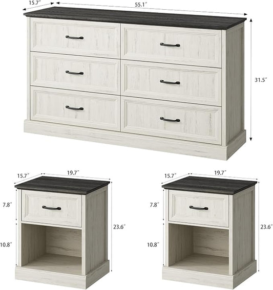 CARPETNAL Farmhouse Dresser and Nightstand Sets for Bedroom, 3 Pcs Bedroom Set, 6 Drawer Dresser & Nightstand Set of 2, Modern Wood Chest of Drawers for Bedroom, Living Room, Entryway, White