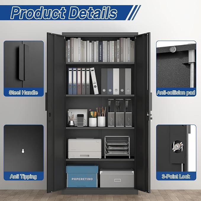 72''H Garage Storage Cabinet with Lock, 18'' Deep Metal Storage Cabinets with Doors and 4 Adjustable Shelves, Steel Locking Cabinet, Tool Cabinet for Laundry Room, Garage, Home Office, Black