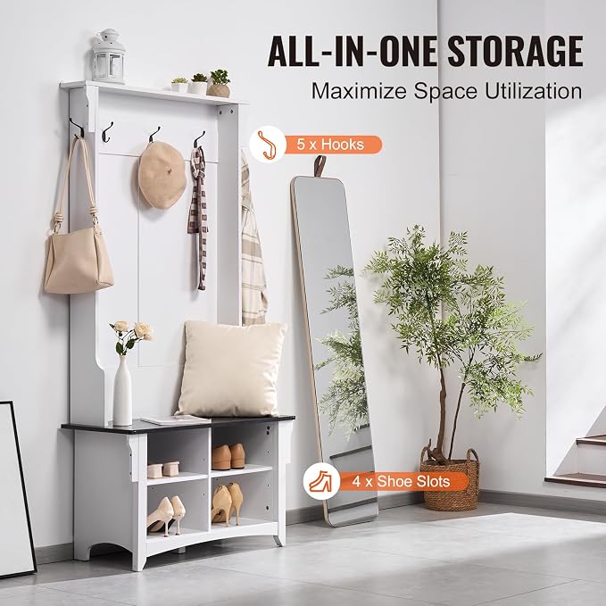 VEVOR Hall Tree Entryway Bench, Coat Rack with Shoe Storage, 32" Wide Mudroom Bench with Seating and Adjustable Shelves, 5 Hanging Hooks and 4 Storage Drawers, for Mudroom, Entryway, Hallway