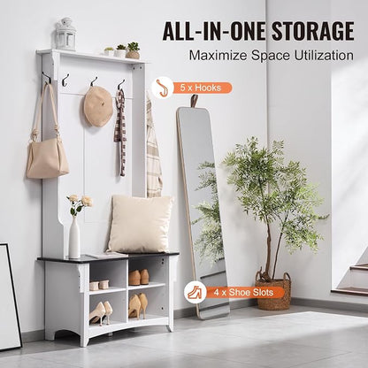 VEVOR Hall Tree Entryway Bench, Coat Rack with Shoe Storage, 32" Wide Mudroom Bench with Seating and Adjustable Shelves, 5 Hanging Hooks and 4 Storage Drawers, for Mudroom, Entryway, Hallway