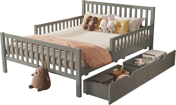 Bellemave Kids Full Bed Frame with Fences and 2 Drawers, Full Size Wooden Platform Bed with Guardrails on Both Sides for Boys Girls, Grey
