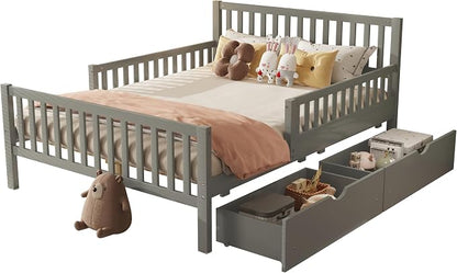 Bellemave Kids Full Bed Frame with Fences and 2 Drawers, Full Size Wooden Platform Bed with Guardrails on Both Sides for Boys Girls, Grey