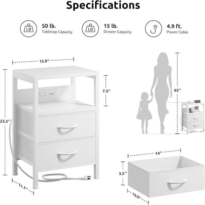 Lazzanto NightStand Bedside Charging Table Bedroom - Night Stand with Charger Station, White Modern Bed Side End Table with Open Shelf & 2 Fabric Drawers, USB-C Port & AC Outlets for Dorm, Living Room