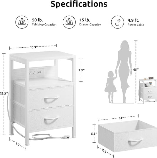 Lazzanto NightStand Bedside Charging Table Bedroom - Night Stand with Charger Station, White Modern Bed Side End Table with Open Shelf & 2 Fabric Drawers, USB-C Port & AC Outlets for Dorm, Living Room