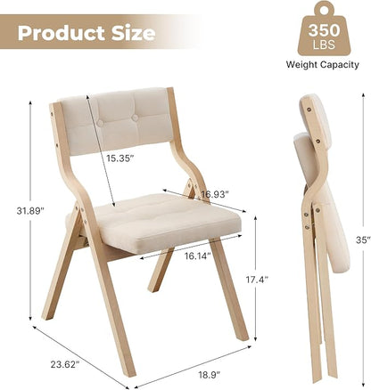 2-Pack Folding Dining Chairs with Cushion,Padded Foldable Dining Chairs,Portable Wooden Folding Chairs with Tufted Buttons Seat for Dining Rooms Kitchen Wedding and Party Indoor Beige