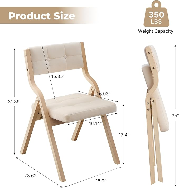 4-Pack Folding Dining Chairs with Cushion,Padded Foldable Dining Chairs,Portable Wooden Folding Chairs with Tufted Buttons Seat for Dining Rooms Kitchen Wedding and Party Indoor Beige