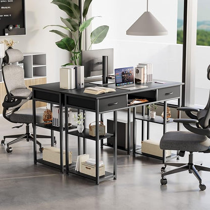 DUMOS 48" Small Computer Home Office Desk for Bedroom with Drawers, Gaming Writing Study Table with Storage Shelf, Adjustable Feet, Compact Desk for Gaming and Home Office Use, Black