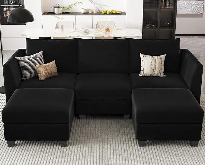 Belffin Modular Sectional Sofa with Double Chaise Velvet U Shaped Sofa Reversible Sectional Couch with Storage Black