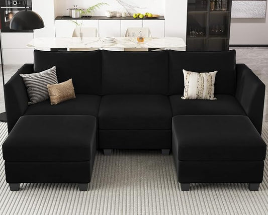 Belffin Modular Sectional Sofa with Double Chaise Velvet U Shaped Sofa Reversible Sectional Couch with Storage Black
