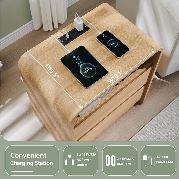 Aitjunz 25" Tall Modern Nightstand with Charging Station, 23.6'' Wide Wood Bedside Table w/2 Storage Drawers, Large Mid Century End Table for Bedroom, Living Room, Curved Profile Design,Natural Oak