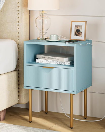 Masupu Nightstand with Charging Station,Mid-Century Modern Bedside Table with Storage Drawer and Open Wood Shelf,Small Gold Frame Side Table for Bedroom,Living Room (Blue)