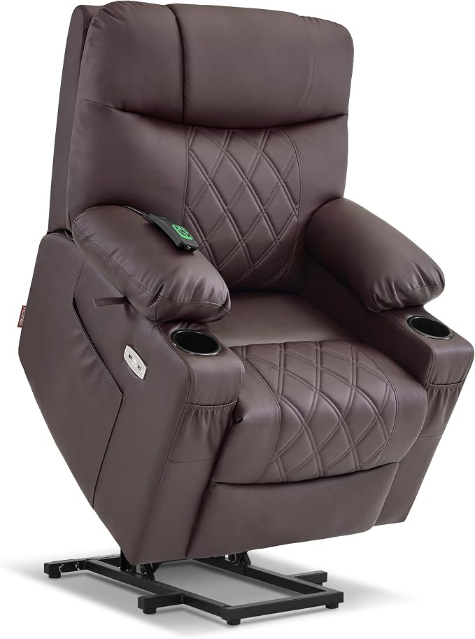 MCombo Small Power Lift Recliner Chair Sofa with Massage and Dual Heating, Adjustable Headrest for Elderly People Petite, USB Ports, 7111 (Single Motor, Dark Coffee)