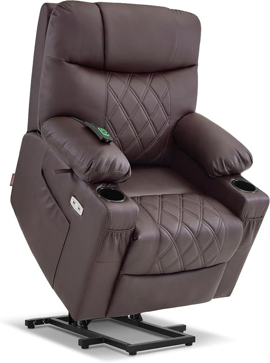 MCombo Small Power Lift Recliner Chair Sofa with Massage and Dual Heating, Adjustable Headrest for Elderly People Petite, USB Ports, 7111 (Single Motor, Dark Coffee)