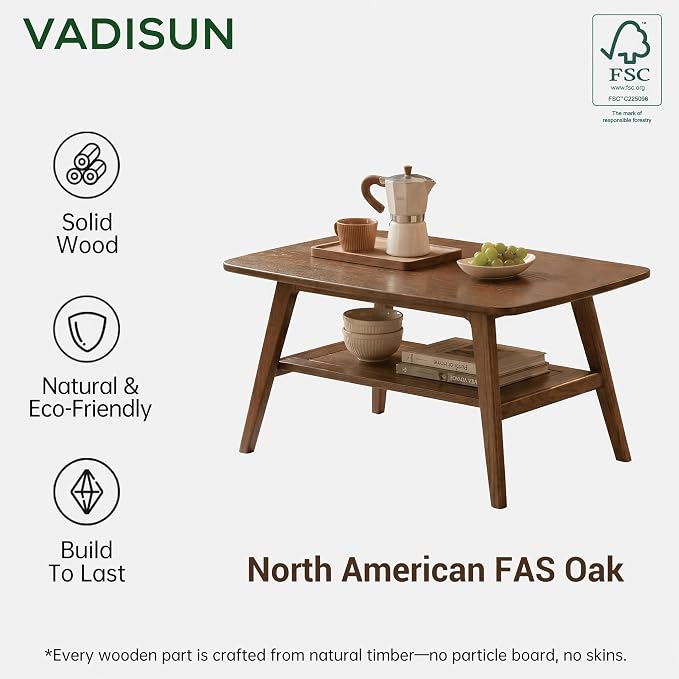 100% Solid Wood Coffee Table for Living Room, Mid Century Modern Small Tables with Shelf Storage, Storage Coffee Table with Rounded Corners (Oak Wood Walnut Color, 47.24" L)