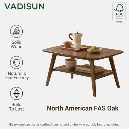 100% Solid Wood Coffee Table for Living Room, Mid Century Modern Small Tables with Shelf Storage, Storage Coffee Table with Rounded Corners (Oak Wood Walnut Color, 47.24" L)