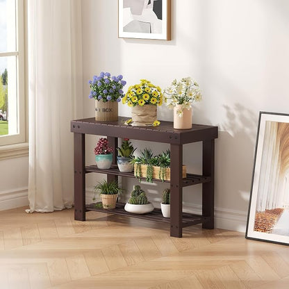 DUMOS Wooden Shoe Rack Bench with Storage, 3-Tier Bamboo Entryway Benches, Shoe Rack Holds Up to 286 lb Storage Organizer, 11.3 x 27.6 x 17.8 Inches, Suitable for Bedroom Living Room Balcony, Brown