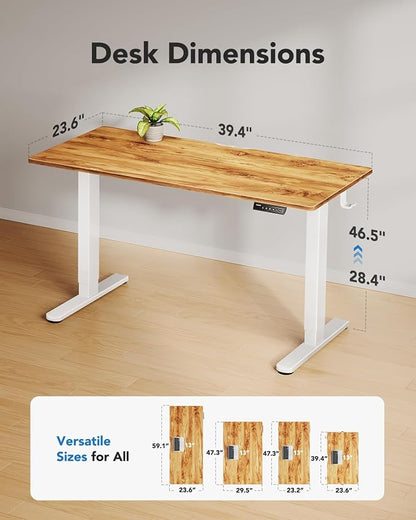 HUANUO Electric Standing Desk, Whole Piece Desktop, Adjustable Height Computer Desk, 4 Height Memory Settings, Sit Stand Up Desk for Home Office, 40" x 24", Light Vintage