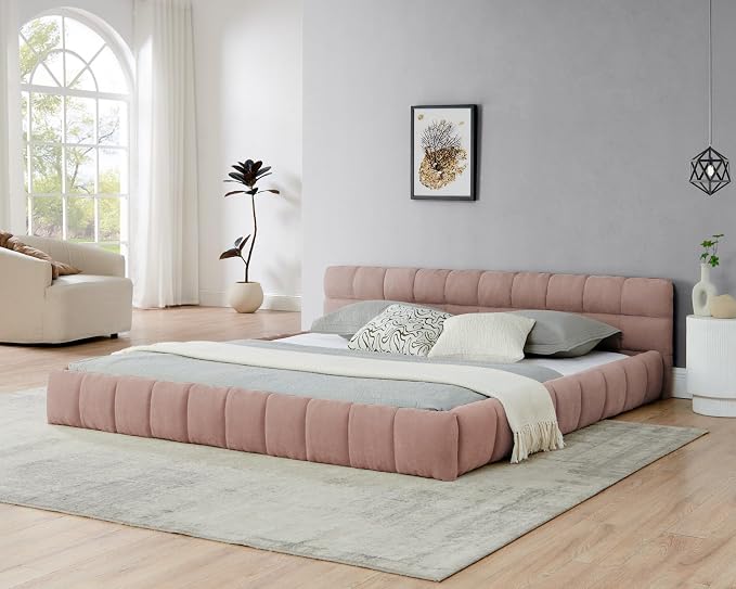 KEIKI King Thick Chenille Platform Bed Frame with Upholstered Tufted Headboard, Modern Solid Wood Floor Platform for Bedroom, No Box Spring Needed