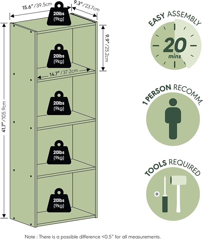 Furinno LUDER Book Shelf, 4-Tier Bookshelf, Bookcase with Open Shelf, 9.3 x 15.6 x 41.7, for Corner, Living Room, Bedroom, Home Office, Amber Pine