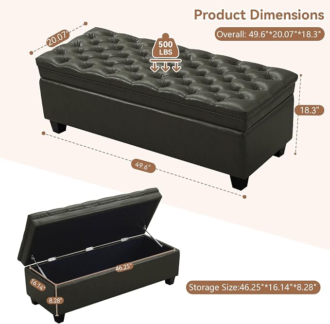 WUTUTUEE 50" Faux Leather Storage Ottoman Bench, End of Bed Upholstered Rectangle Storage Ottoman Tufted Living Room Bedroom Bench with Safety Hinge, Solid Wood Legs, Loads 500 lb(Green)